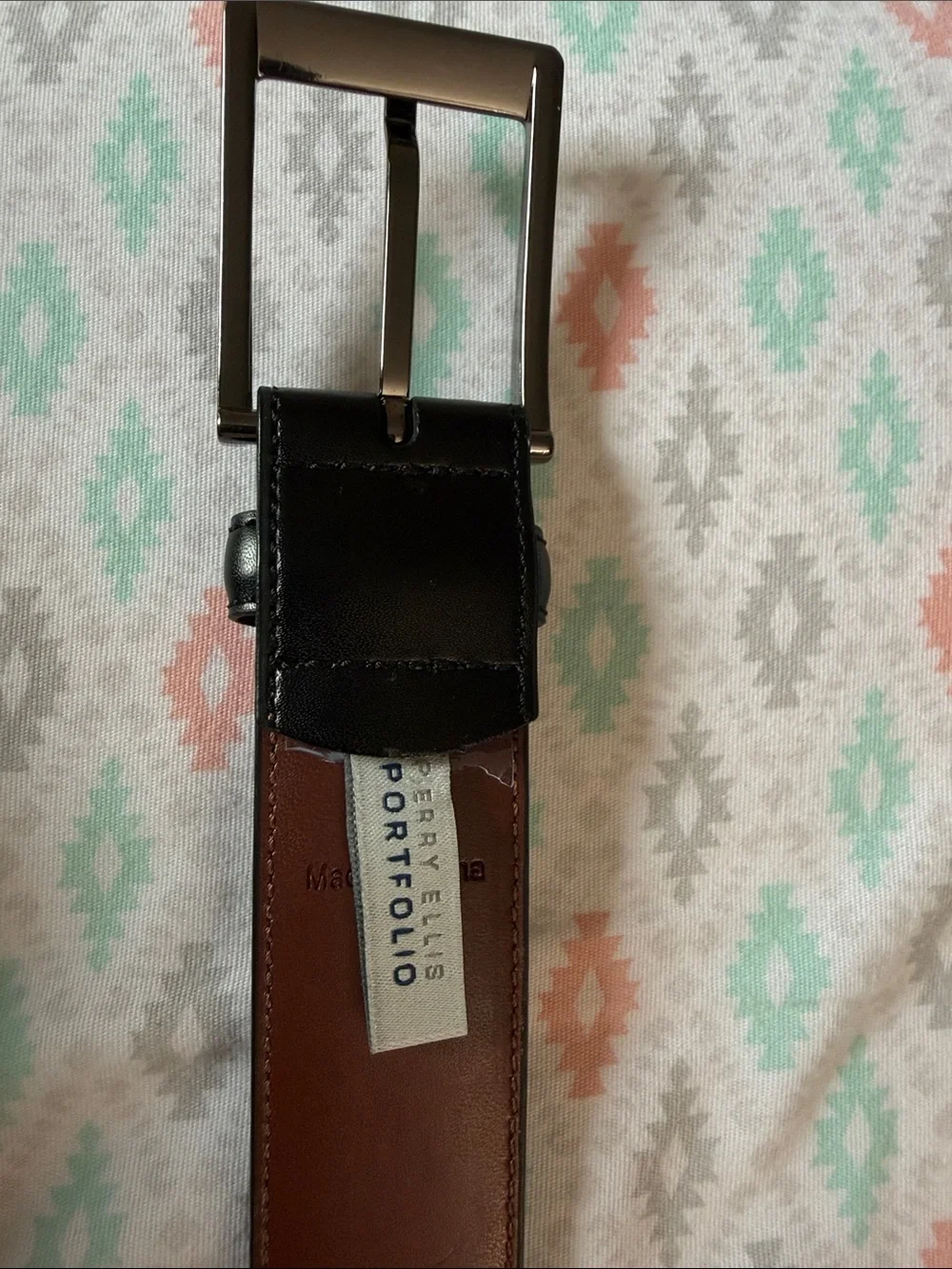 Perry Ellis Black and Brown Reversible Leather Belt with Silver Buckle